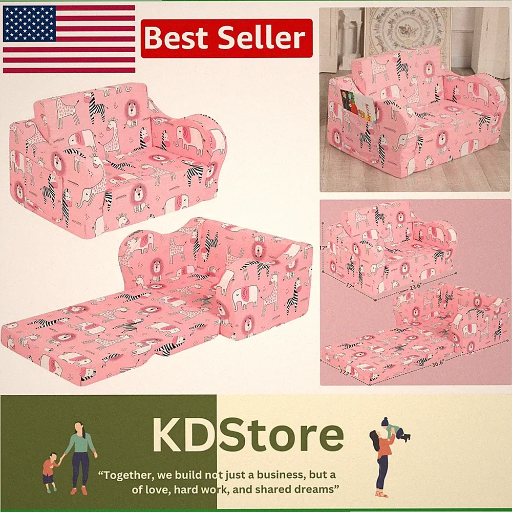 Charming Pink Play Sofa for Kids: Foldable Foam Couch with Animal Patterns