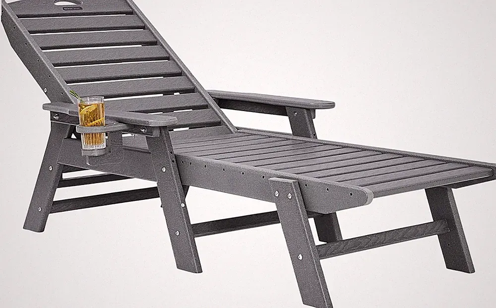 Gray Adjustable Chaise Lounge Chair, 400 Lbs Capacity, Outdoor with Cup Holder