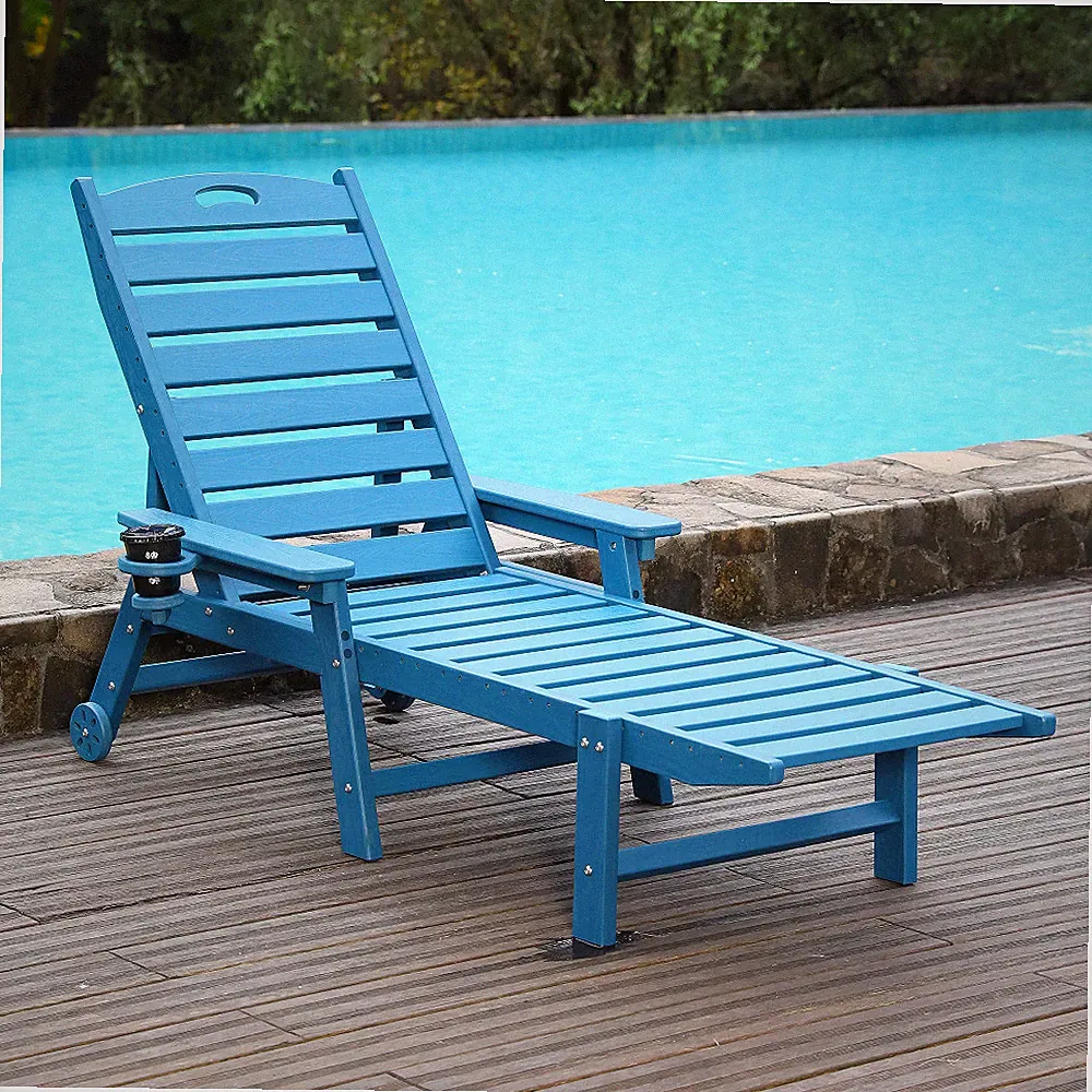 HDPE Chaise Lounge Chair w/ Adjustable Backrest, Wheels, Cup Holder 360lb