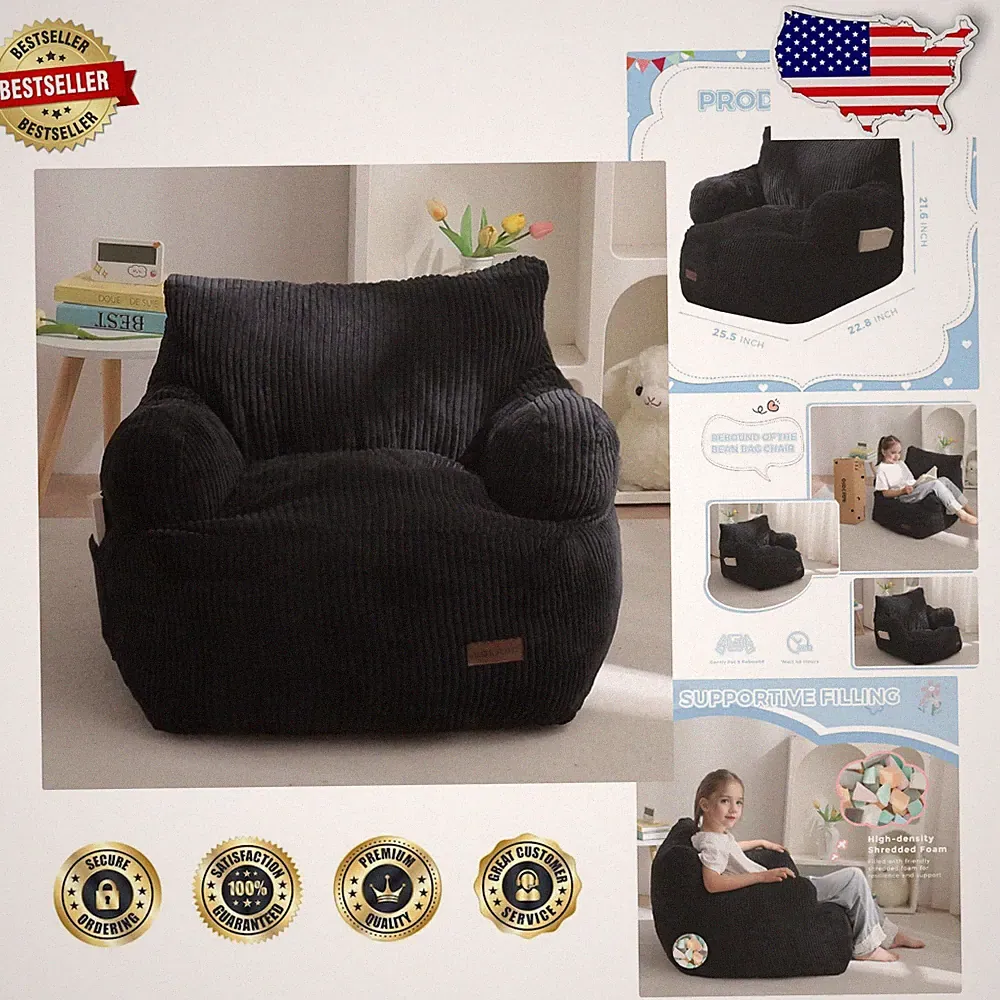 Kids Bean Bag Chair Black Corded Fabric High-Density Foam Pocket 25.5"W