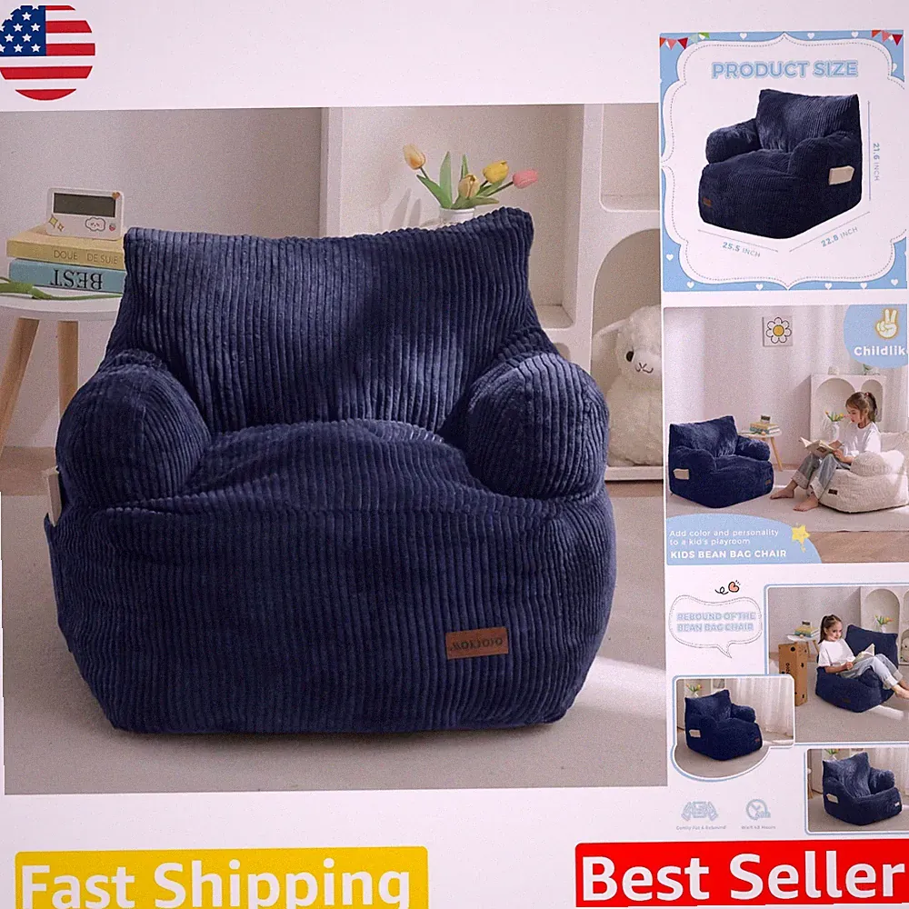 Kids Bean Bag Chair Navy Corded Fabric High-Density Foam Arm Rest Pocket