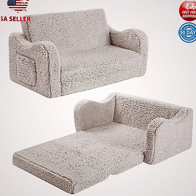 Kids Sherpa Convertible Sofa Lounger Girls Boys 18M 2-in-1 Soft Couch Grey New