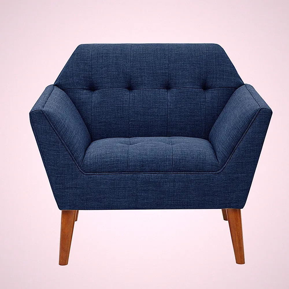 Lounge chair - Blue, conical solid wood legs, tufted details, high-density foam