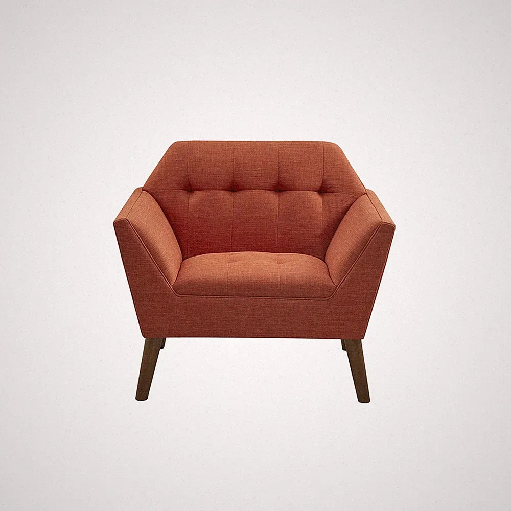 Modern lounge chair, conical solid wood legs, tufted details, high-density foam